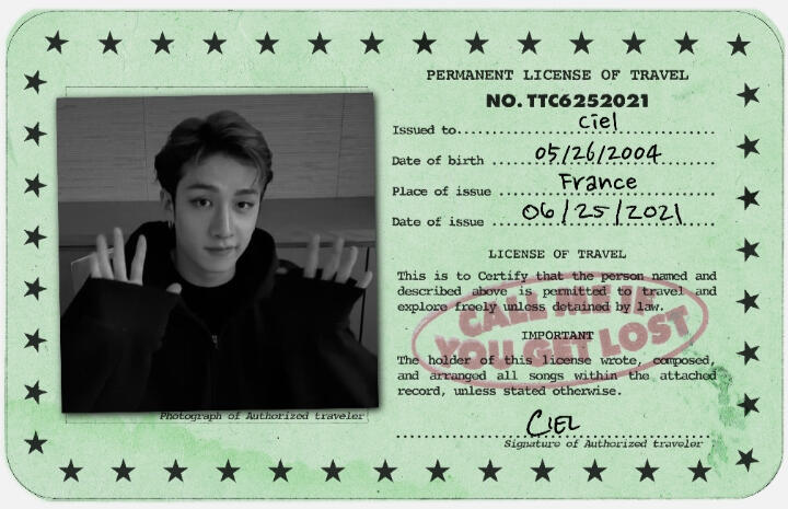"call me if you get lost" card. pfp: bang chan. issued to : ciel, date of birth : 05/26/2004, place of issue : france, date of issue : 06/25/2021
